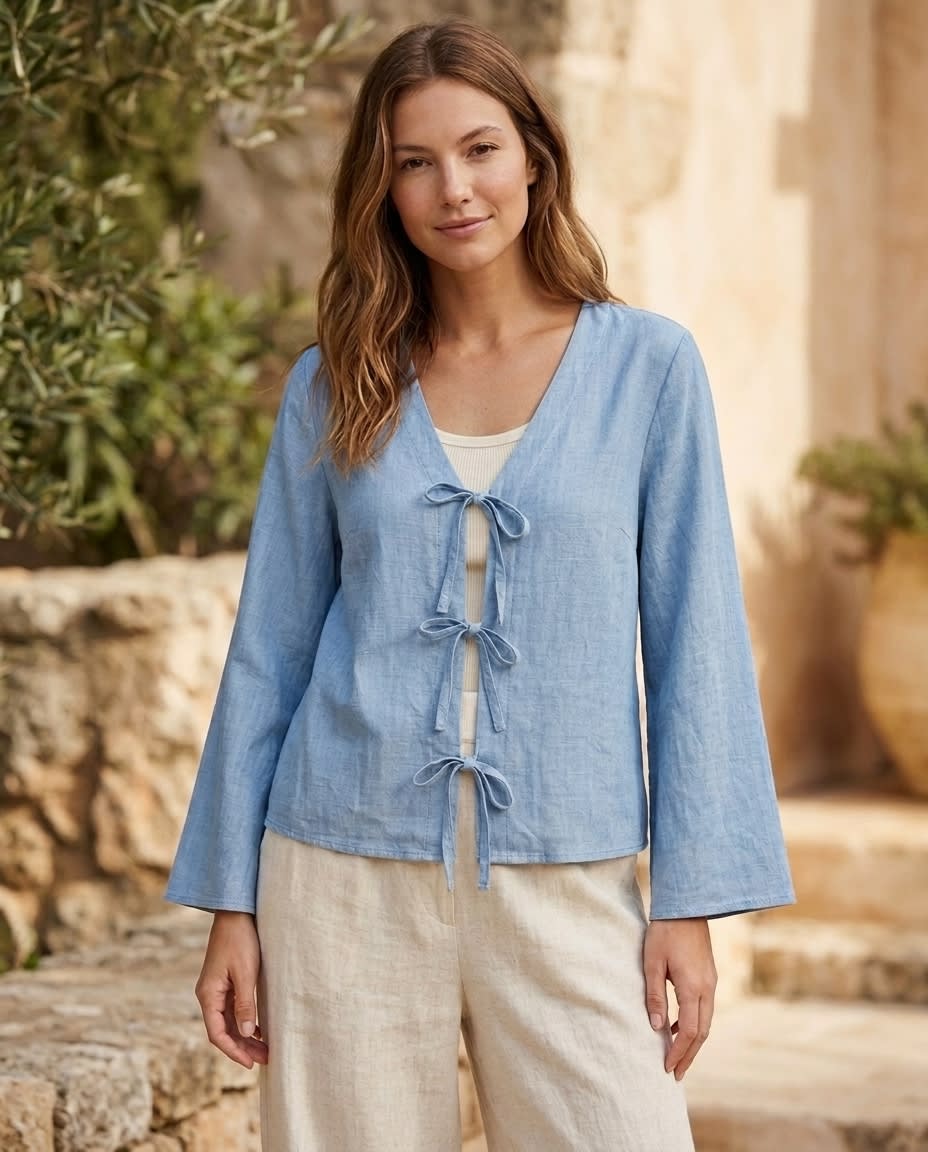 Tie-Front Linen Blouse with Flared Sleeves
