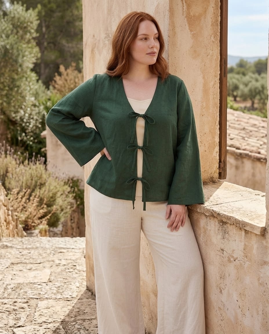 Tie-Front Linen Blouse with Flared Sleeves