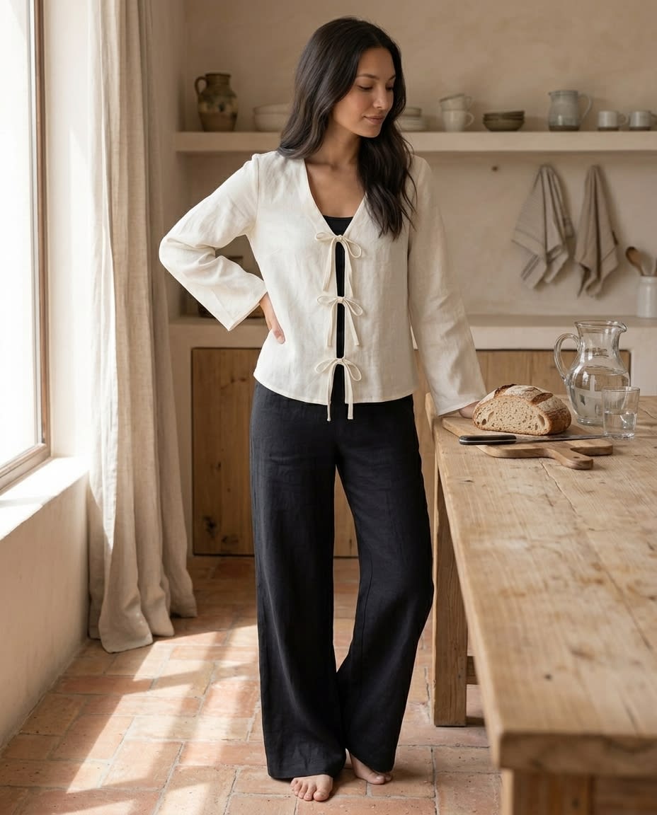 Tie-Front Linen Blouse with Flared Sleeves