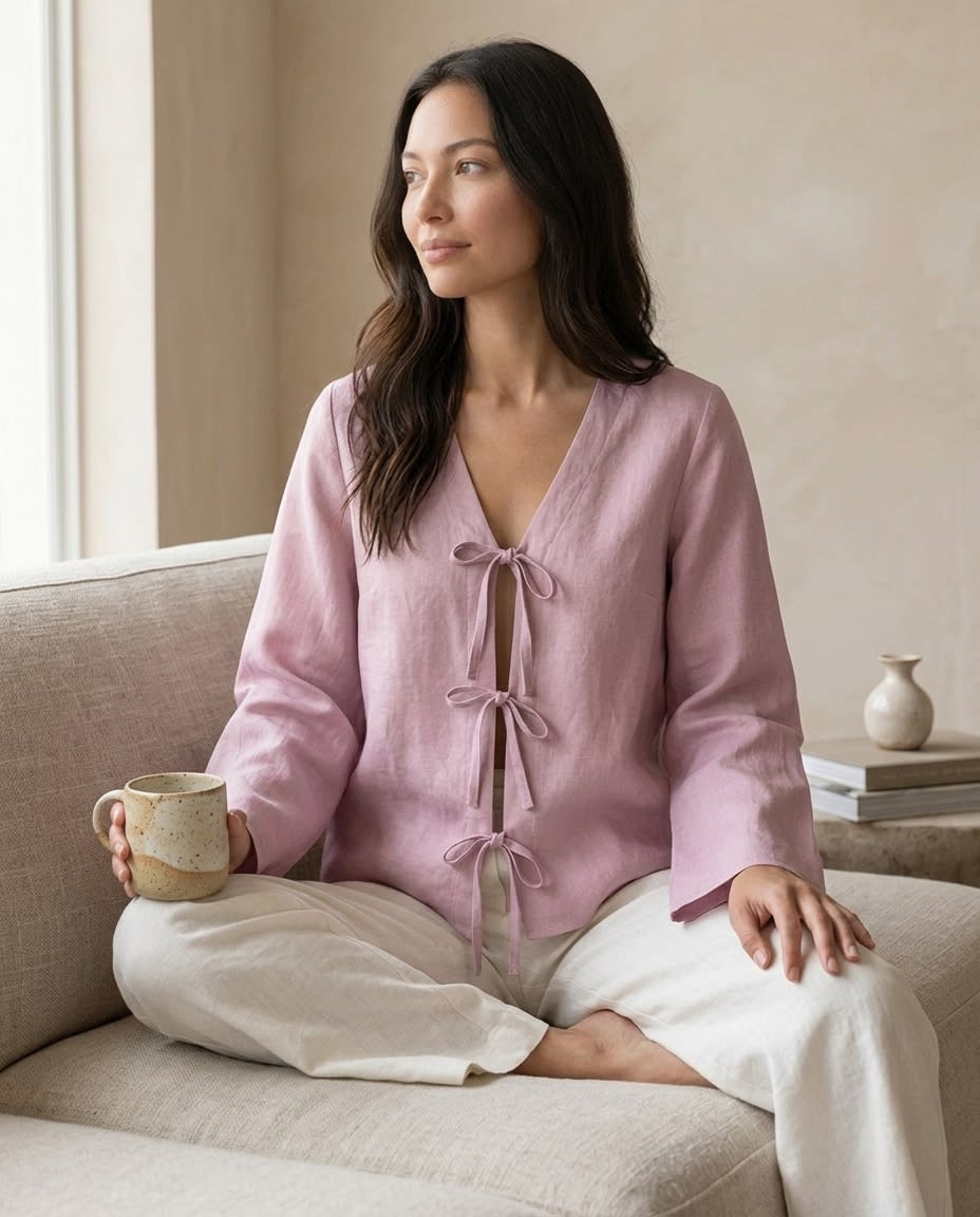 Tie-Front Linen Blouse with Flared Sleeves