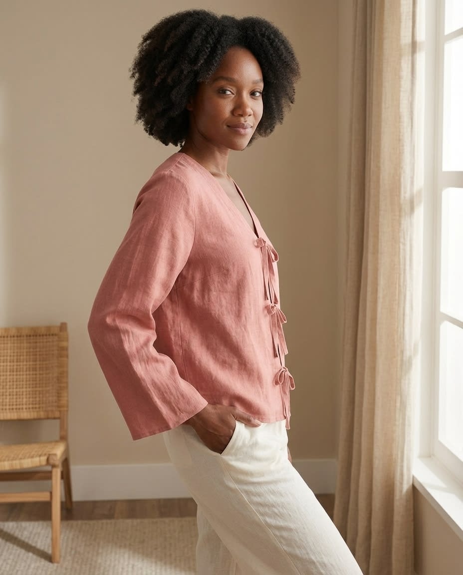 Tie-Front Linen Blouse with Flared Sleeves
