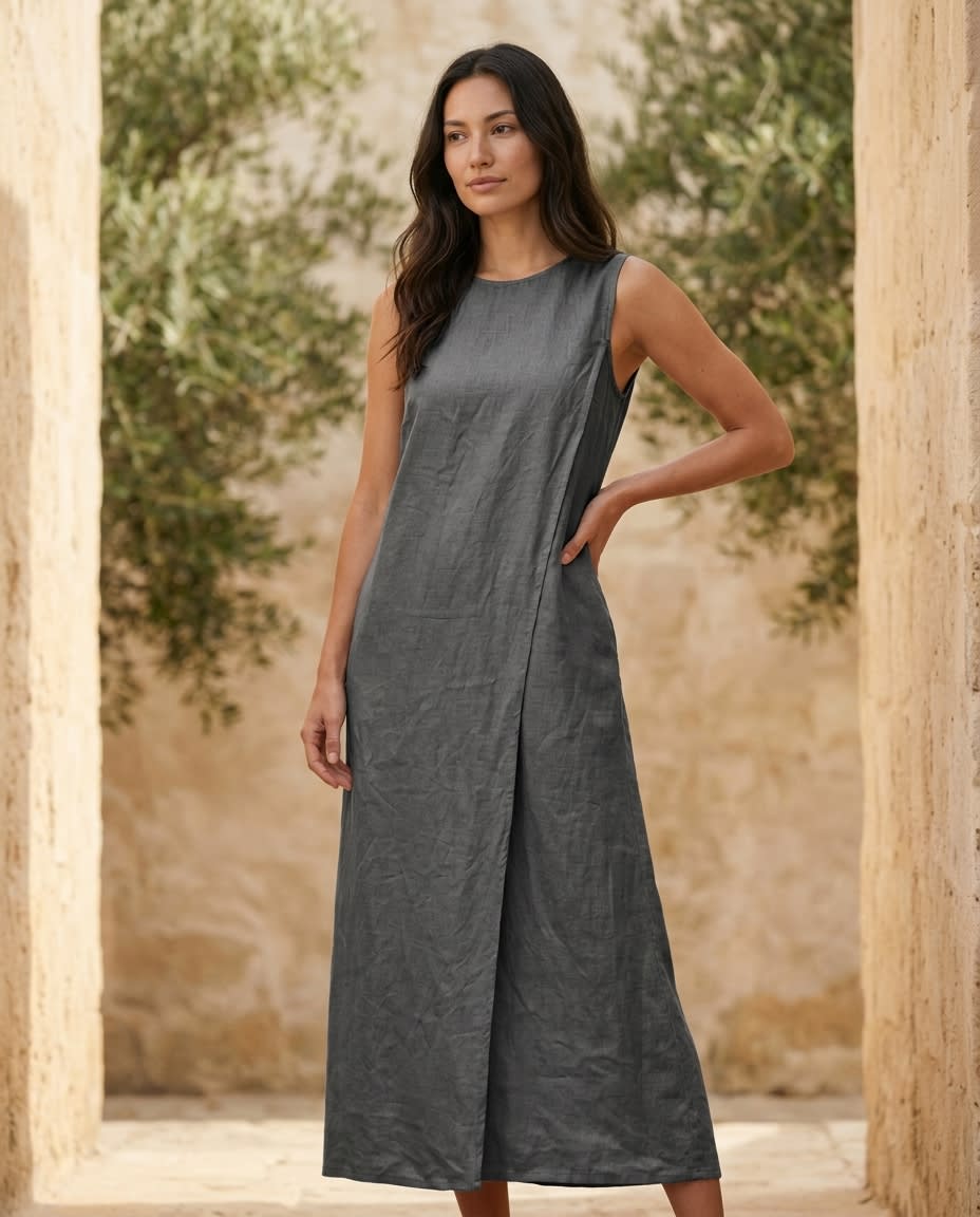 Sleeveless Wrap-Front Linen Midi Dress