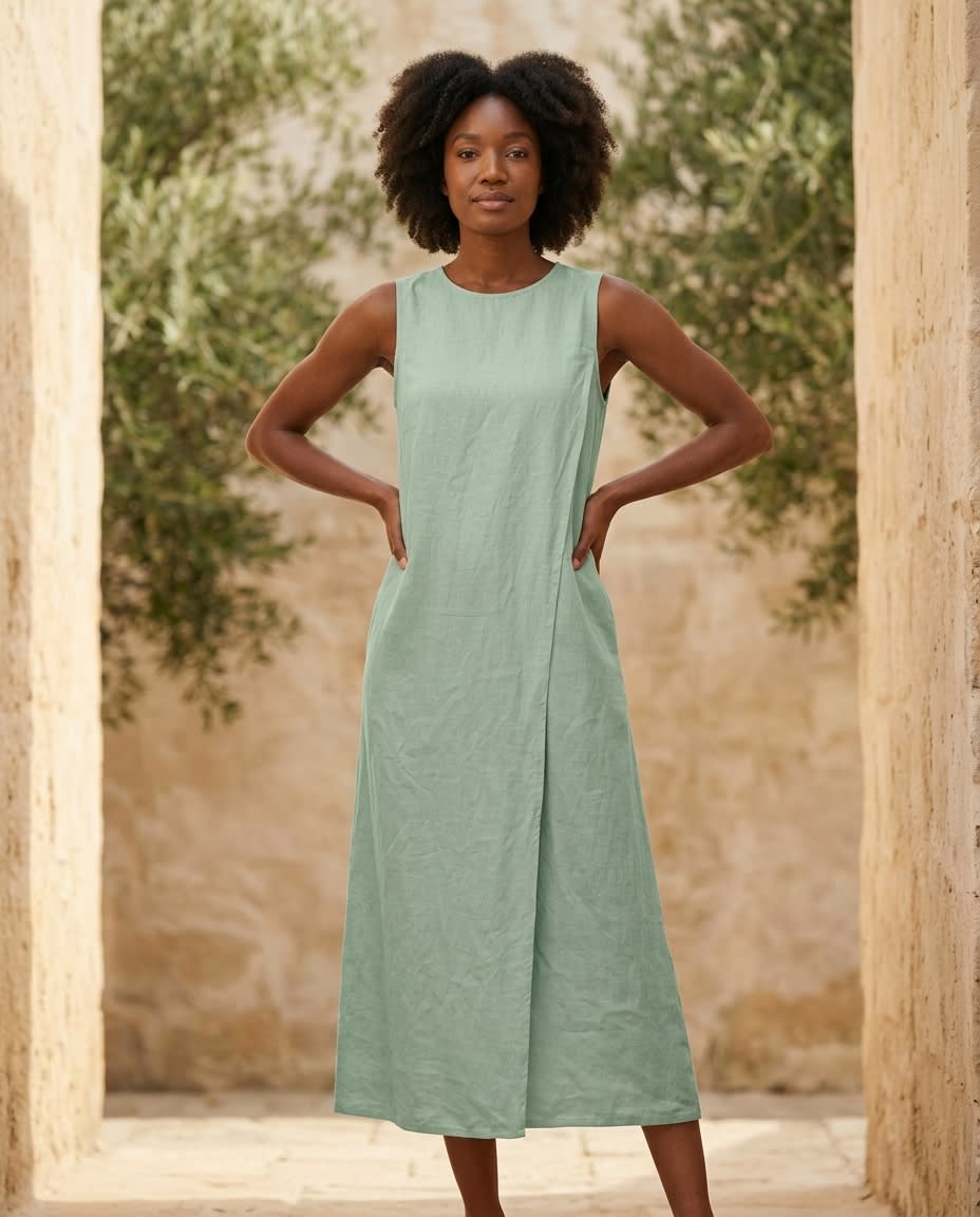 Sleeveless Wrap-Front Linen Midi Dress