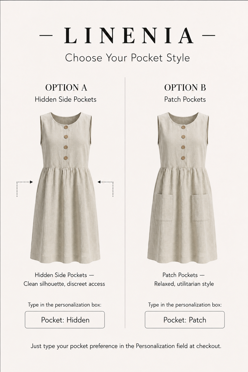 Linen Button-Front Sleeveless Dress – Choose Your Pocket Style