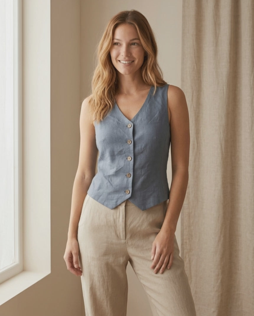 Women's Linen Button-Up Vest