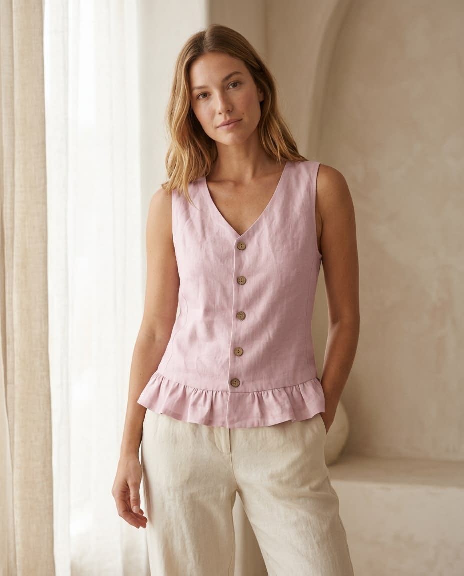Ruffle Hem Buttoned Linen Vest Top