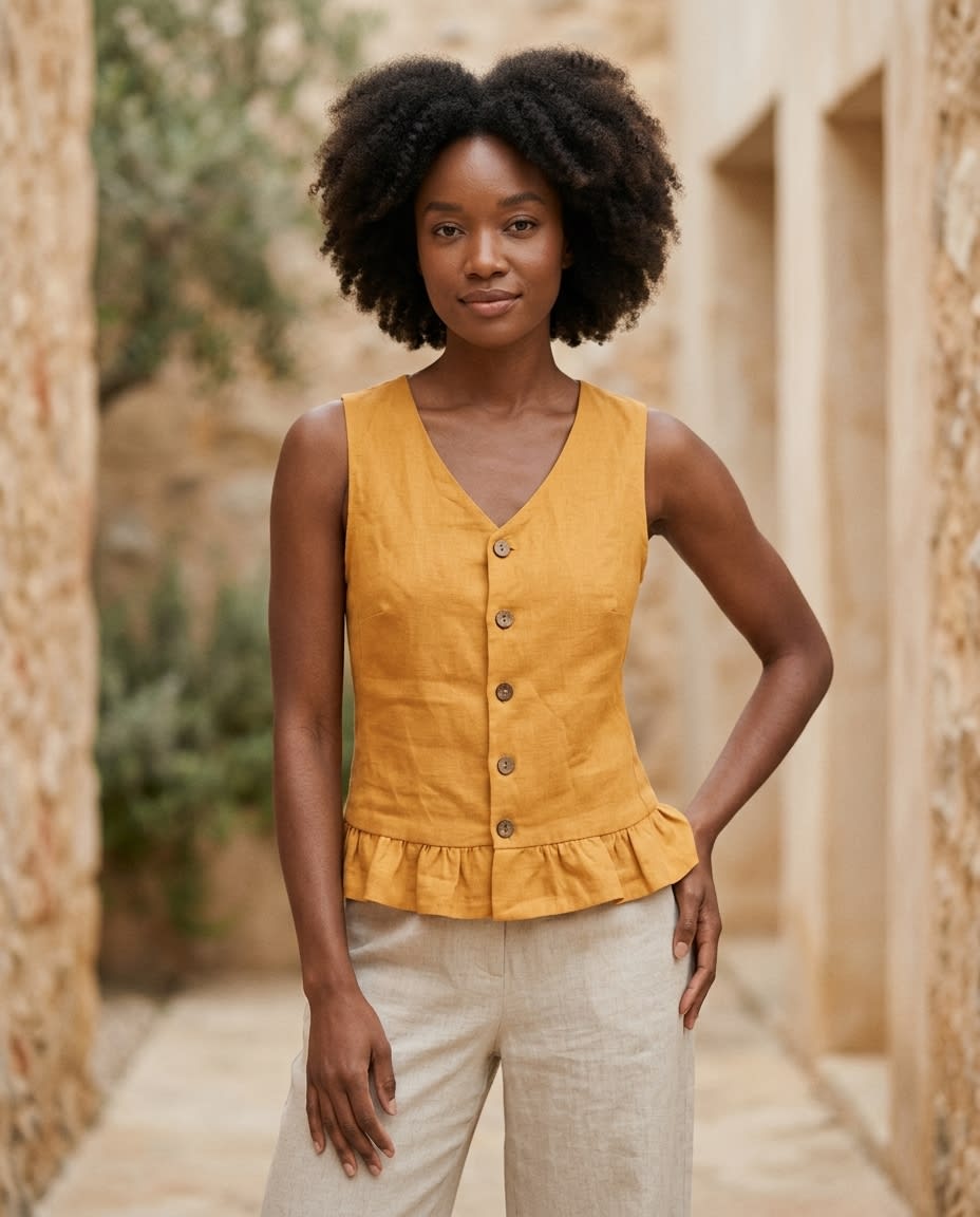 Ruffle Hem Buttoned Linen Vest Top