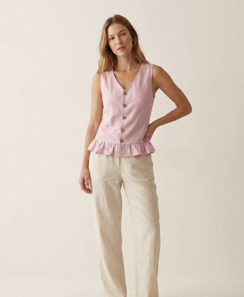 Ruffle Hem Buttoned Linen Vest Top