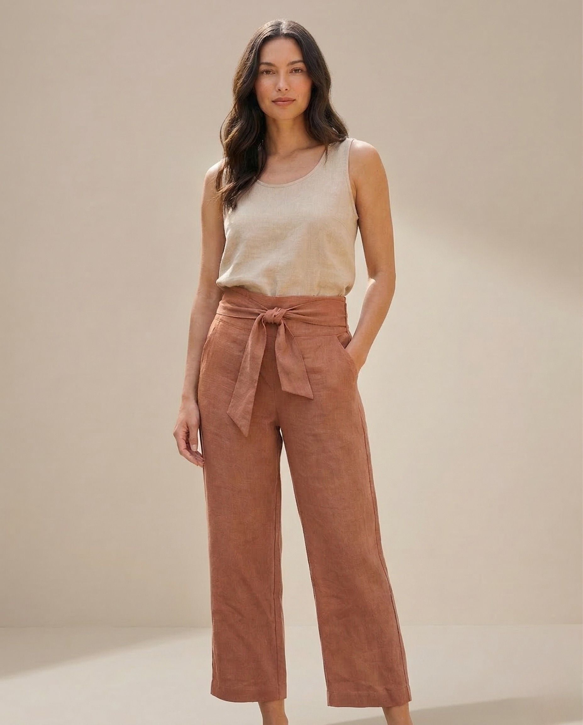 Linen Wide-Leg Trousers with Tie Belt