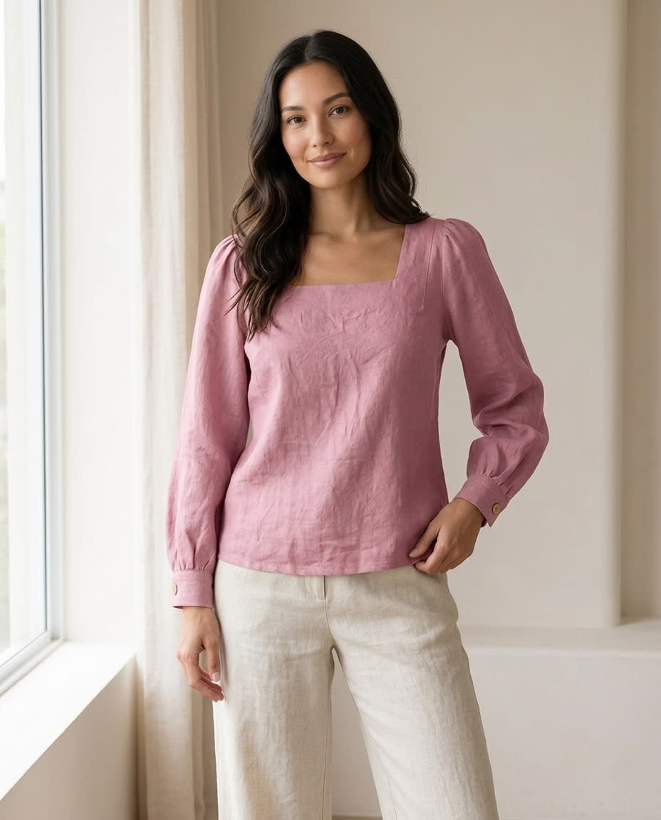 Square-Neck Puff Sleeve Linen Blouse