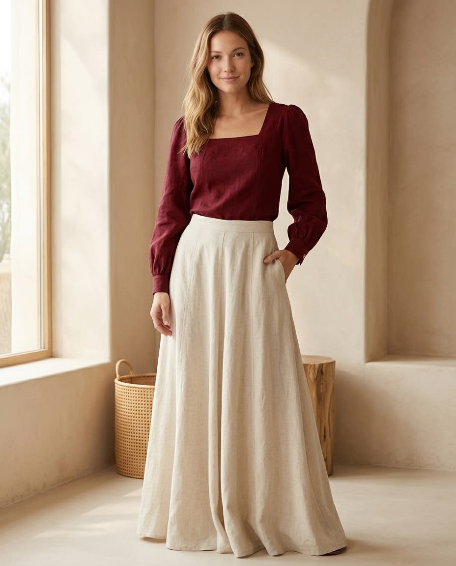 Square-Neck Puff Sleeve Linen Blouse