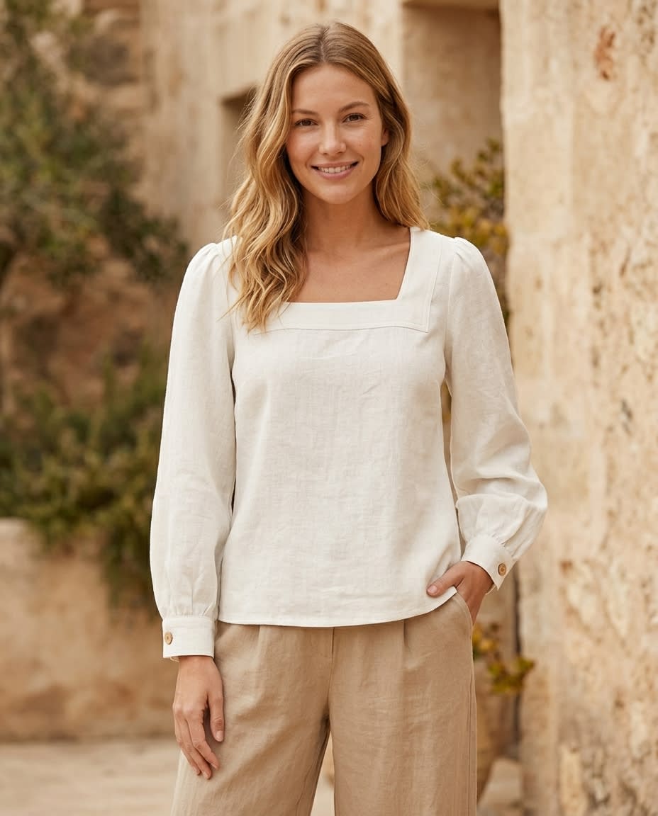 Square-Neck Puff Sleeve Linen Blouse