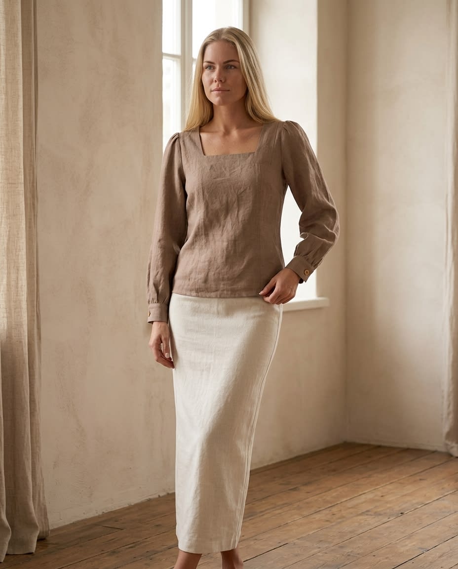 Square-Neck Puff Sleeve Linen Blouse