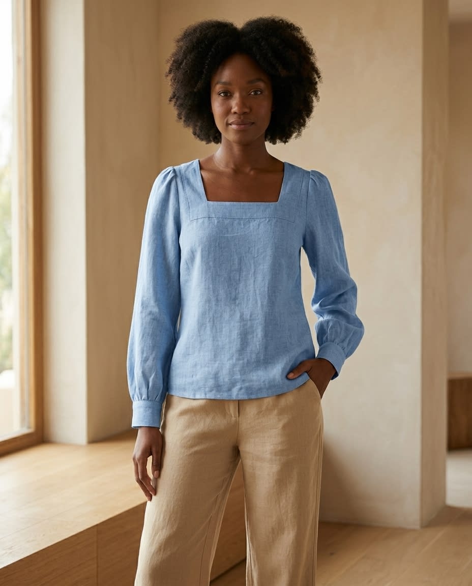 Square-Neck Puff Sleeve Linen Blouse