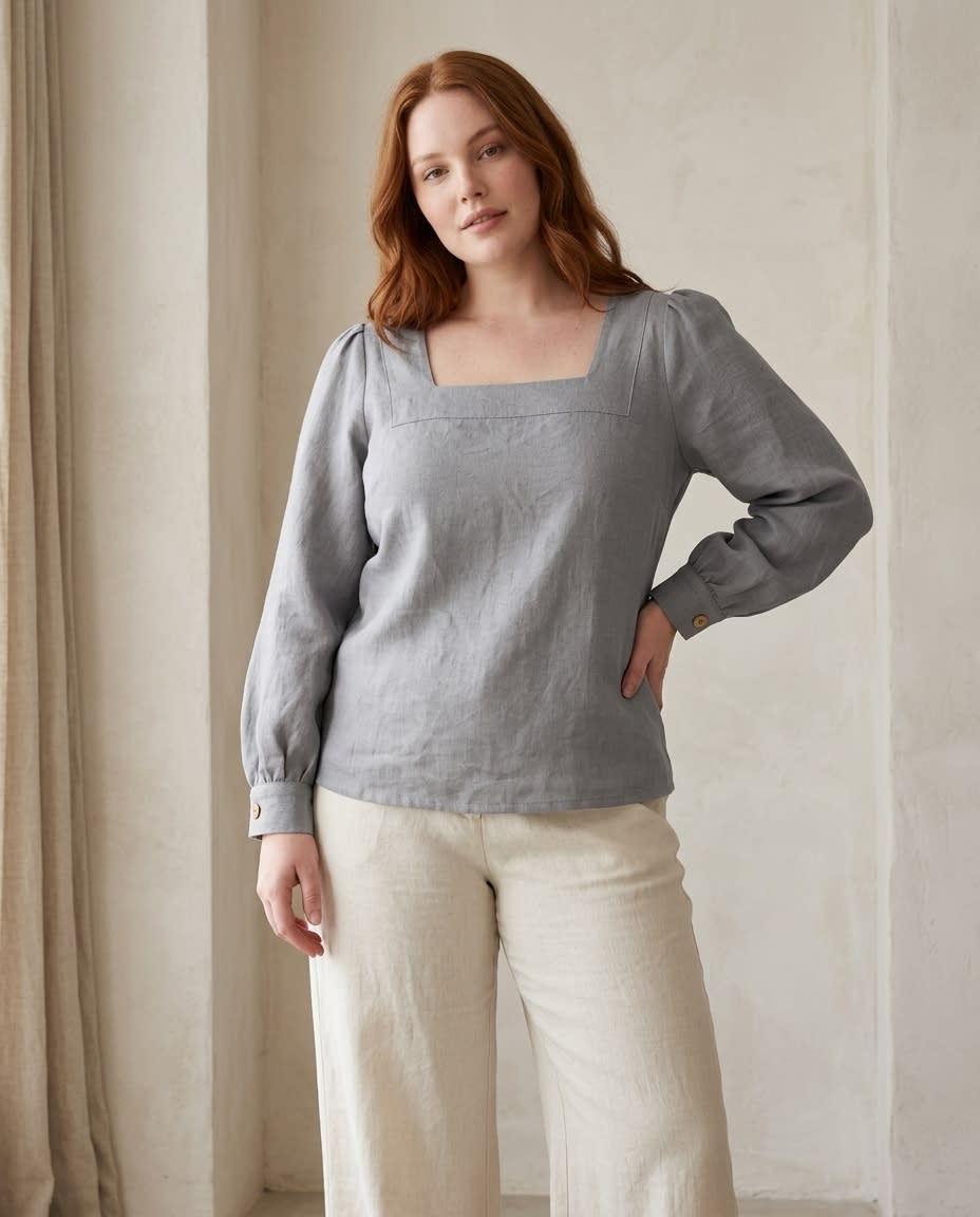 Square-Neck Puff Sleeve Linen Blouse