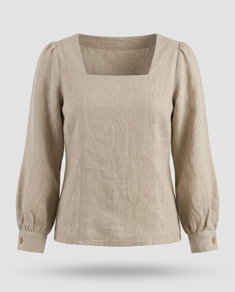 Square-Neck Puff Sleeve Linen Blouse