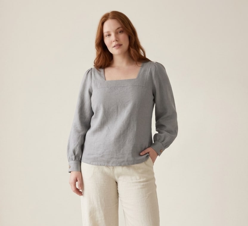Square-Neck Puff Sleeve Linen Blouse