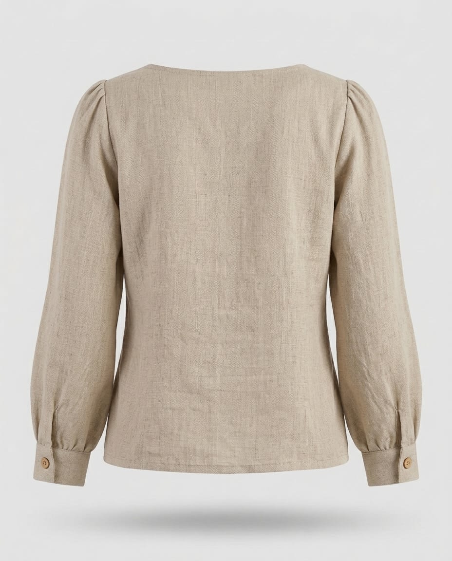 Square-Neck Puff Sleeve Linen Blouse