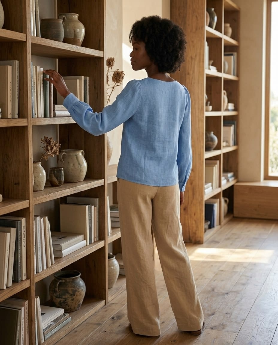 Square-Neck Puff Sleeve Linen Blouse