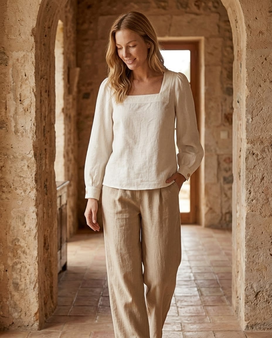 Square-Neck Puff Sleeve Linen Blouse