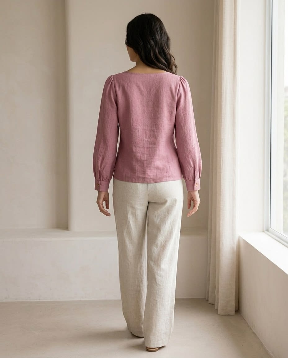 Square-Neck Puff Sleeve Linen Blouse
