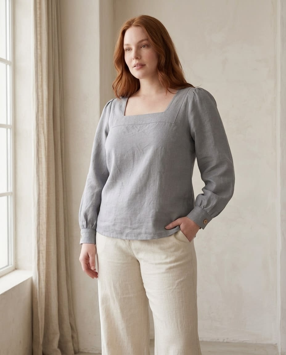 Square-Neck Puff Sleeve Linen Blouse
