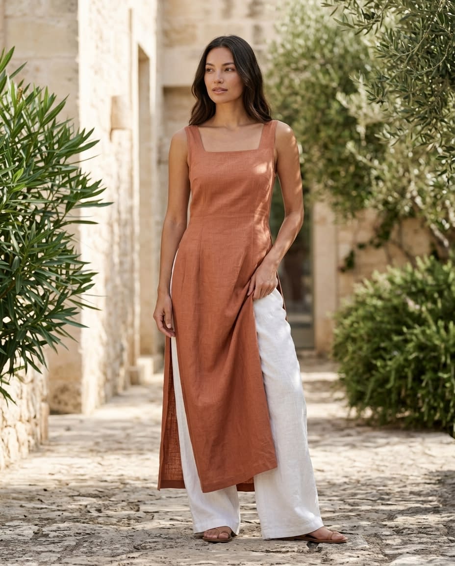 Sleeveless Square-Neck Linen Midi Dress