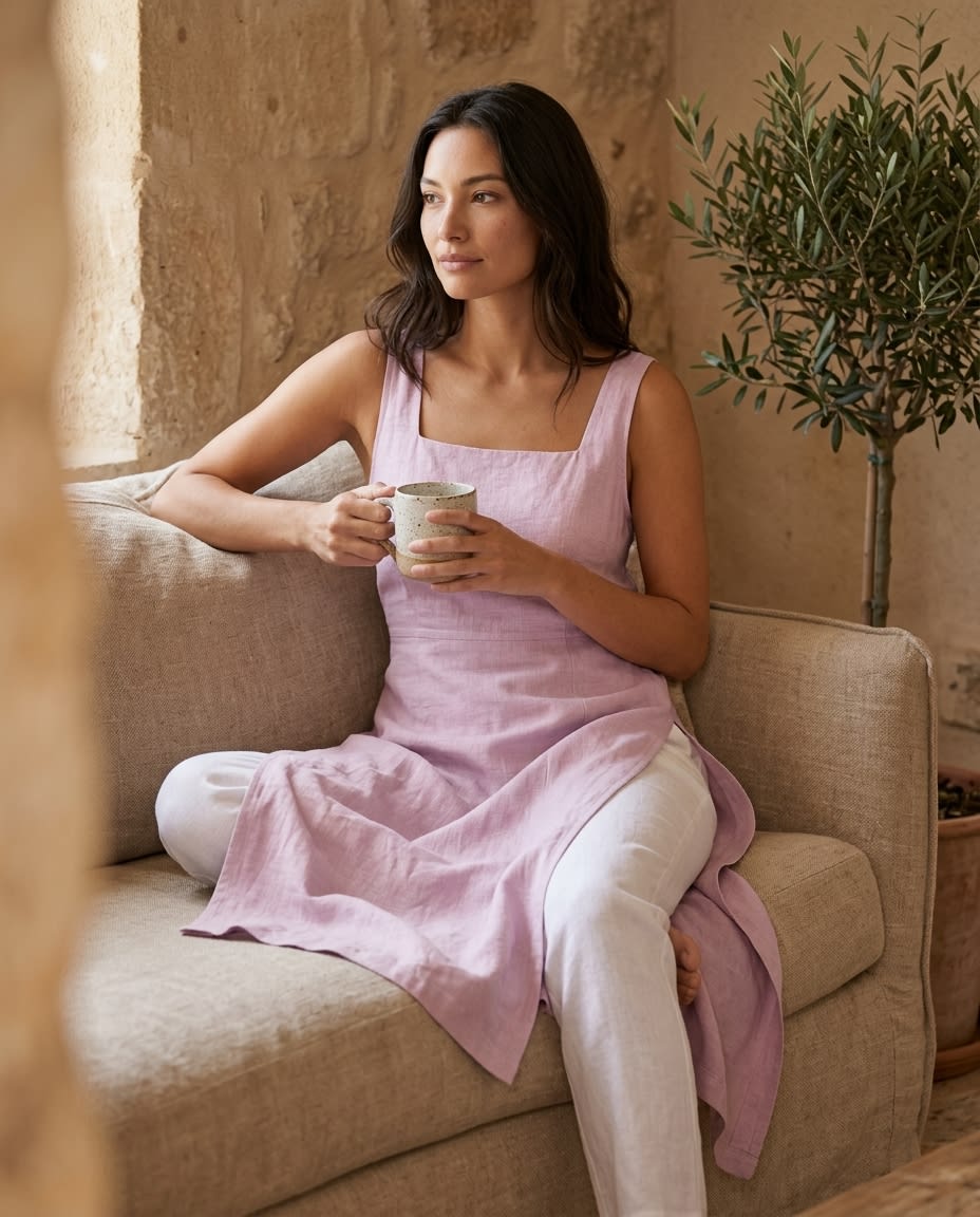 Sleeveless Square-Neck Linen Midi Dress