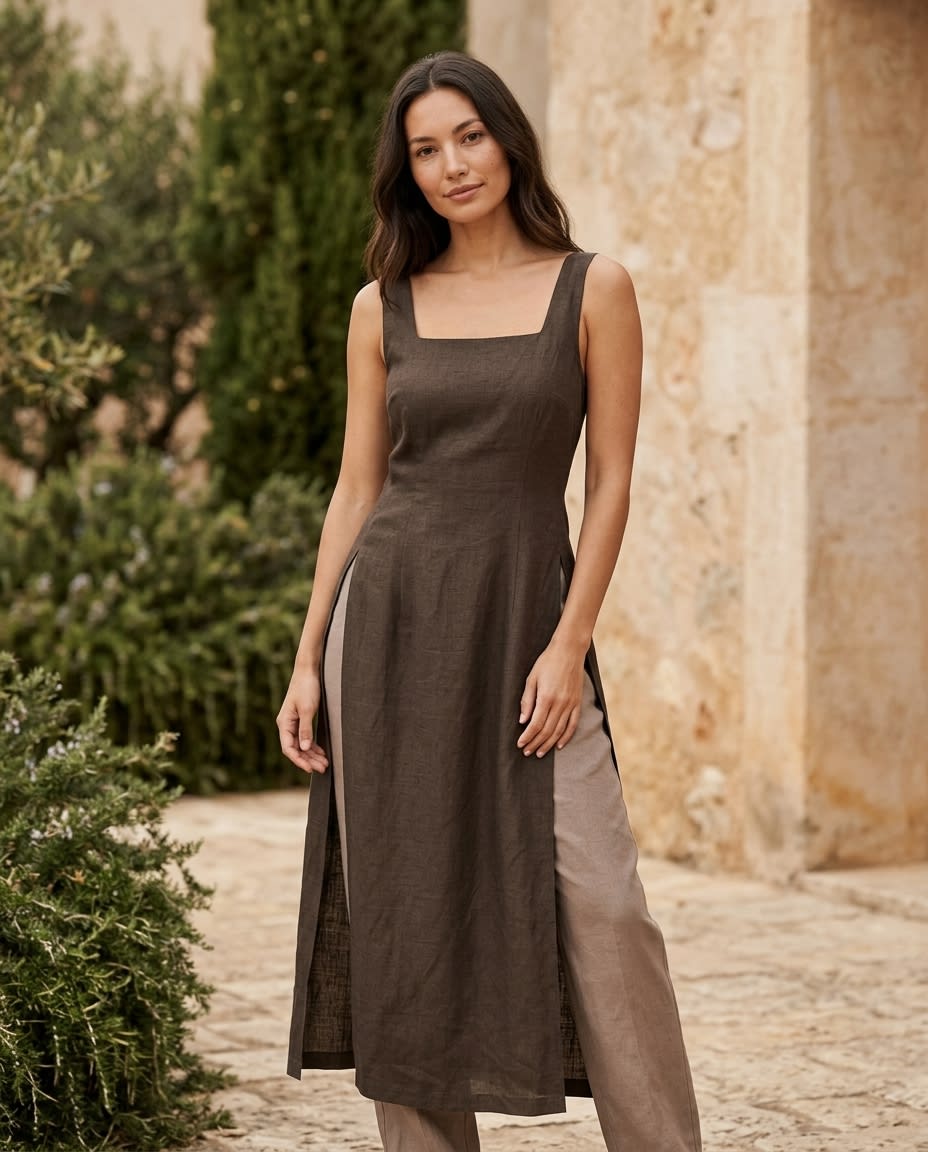 Sleeveless Square-Neck Linen Midi Dress