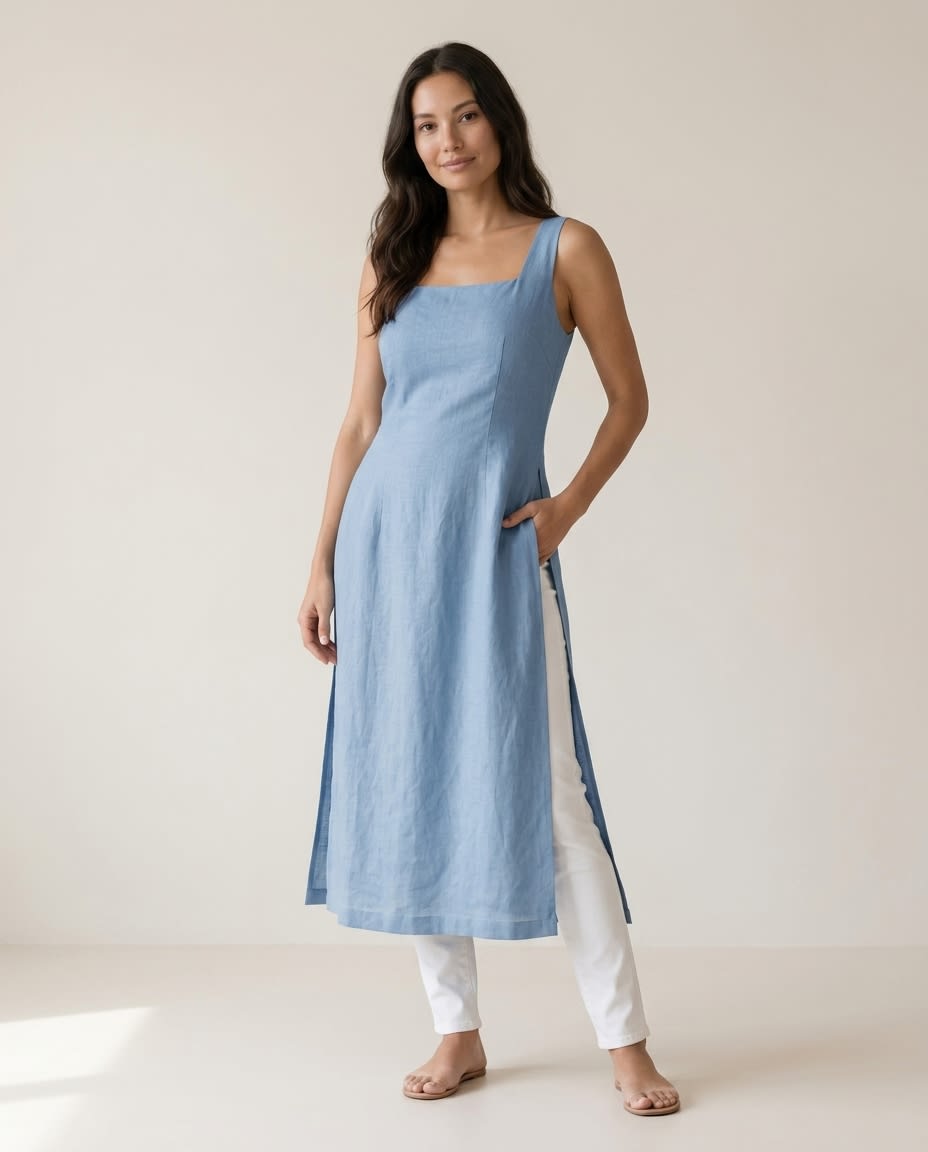 Sleeveless Square-Neck Linen Midi Dress