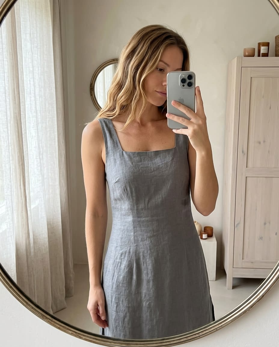 Sleeveless Square-Neck Linen Midi Dress