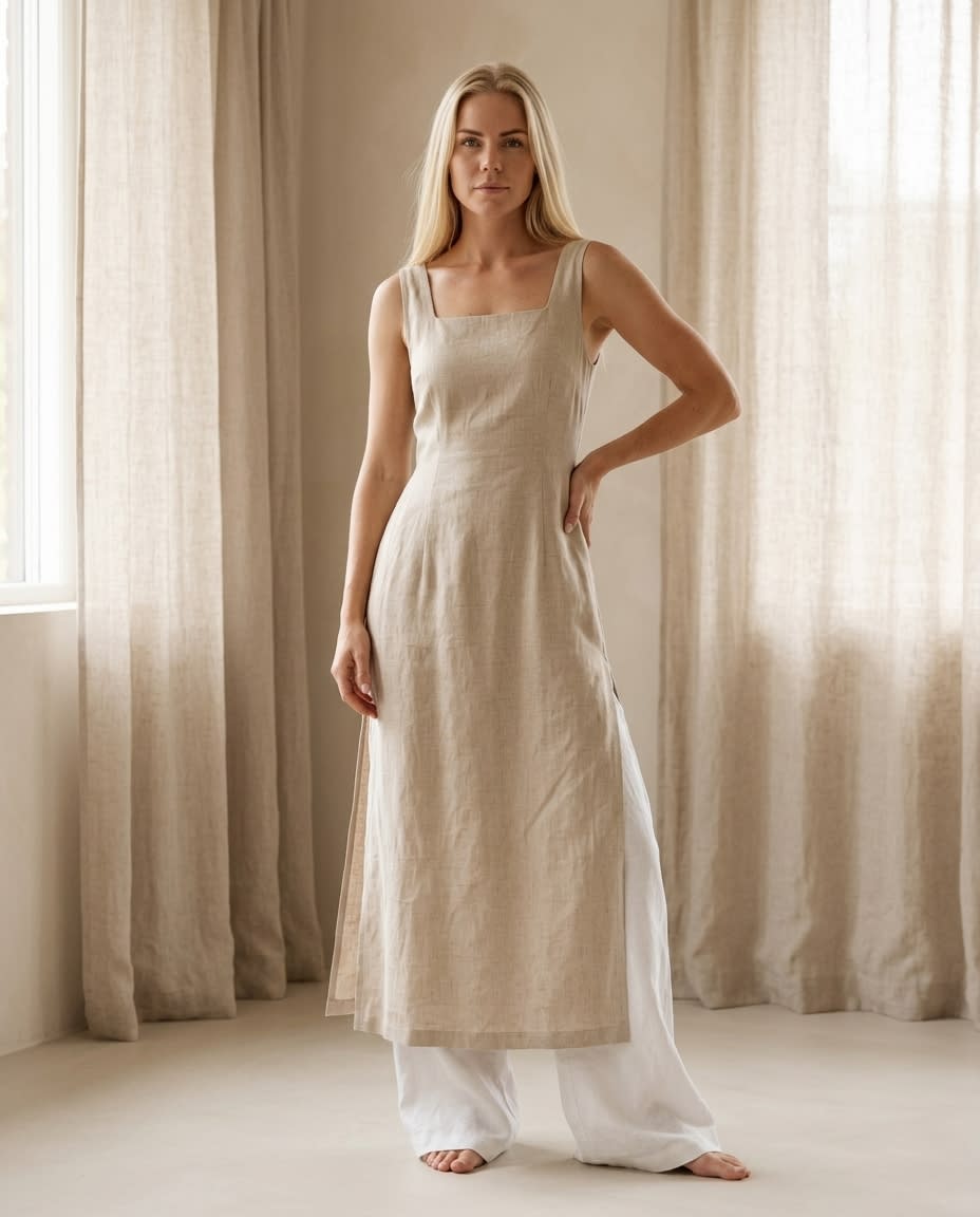 Sleeveless Square-Neck Linen Midi Dress