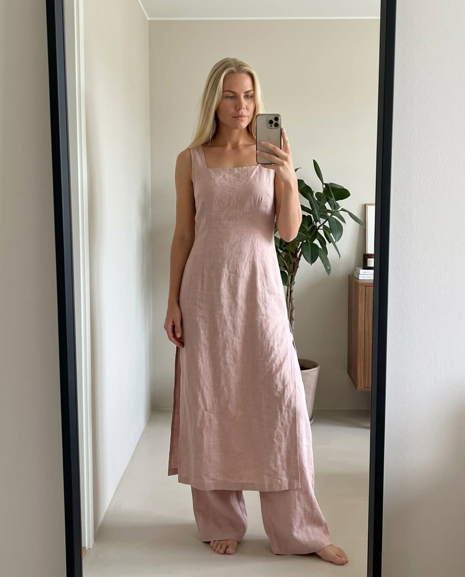 Sleeveless Square-Neck Linen Midi Dress