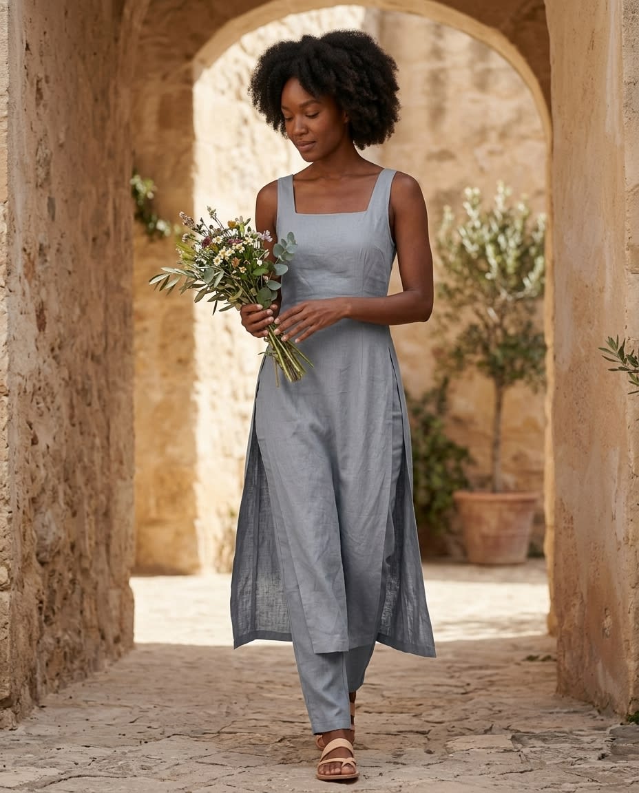 Sleeveless Square-Neck Linen Midi Dress