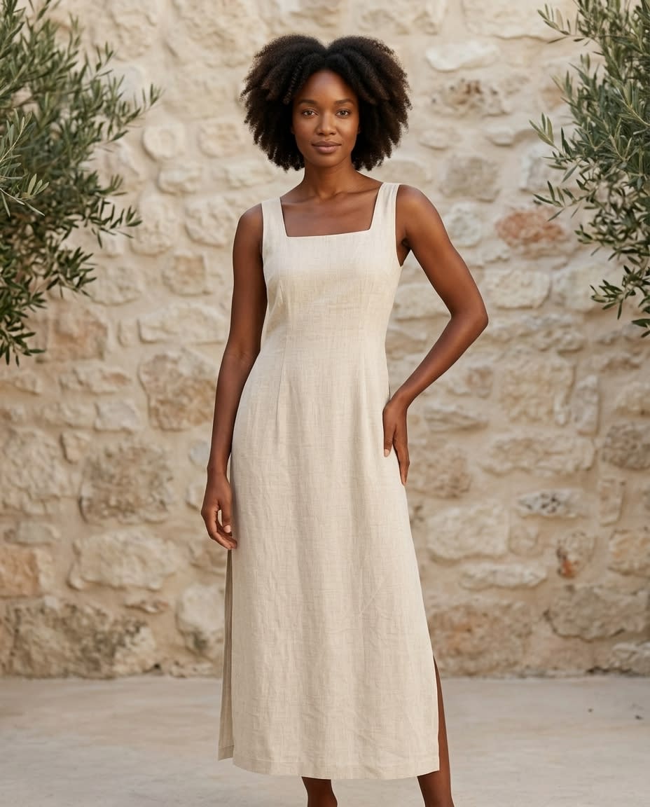 Sleeveless Square-Neck Linen Midi Dress