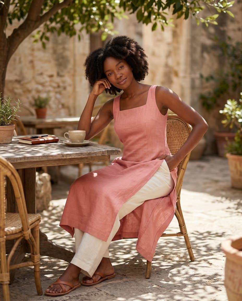 Sleeveless Square-Neck Linen Midi Dress