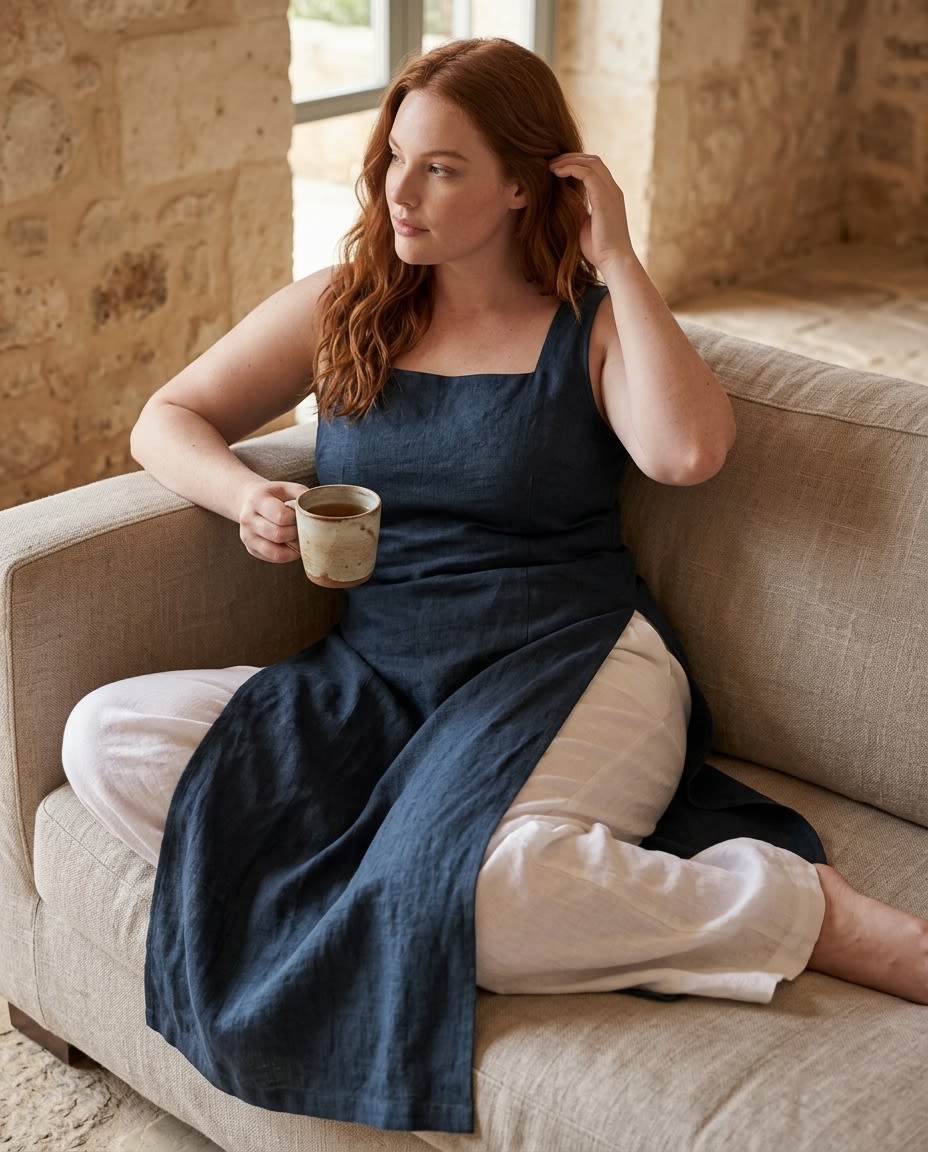 Sleeveless Square-Neck Linen Midi Dress