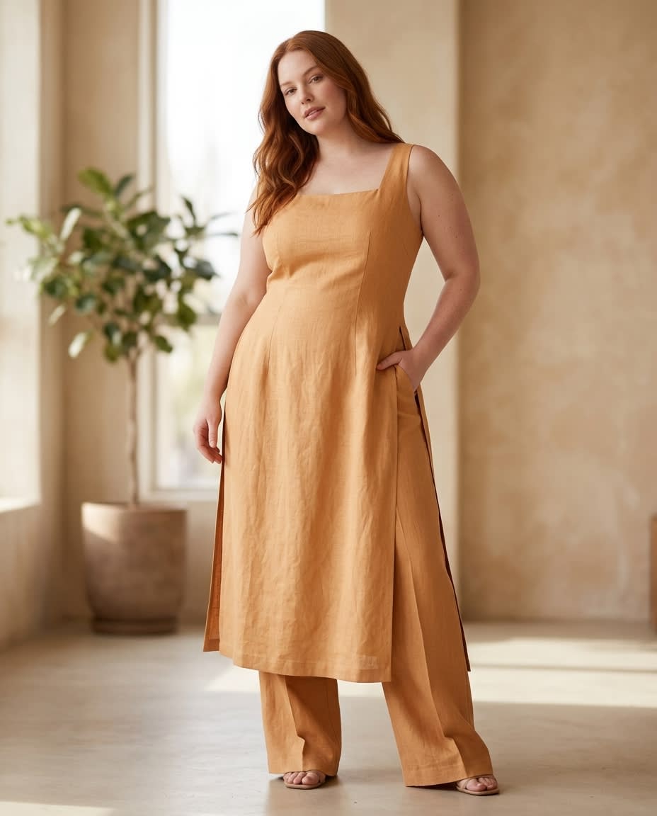 Sleeveless Square-Neck Linen Midi Dress