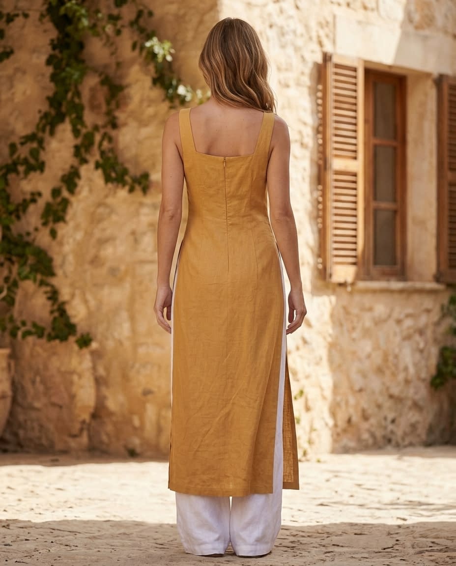 Sleeveless Square-Neck Linen Midi Dress