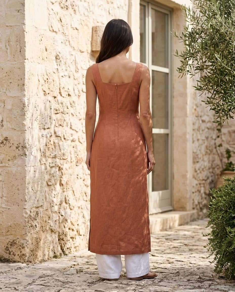 Sleeveless Square-Neck Linen Midi Dress