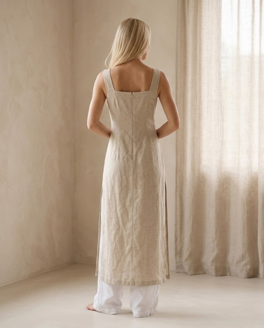 Sleeveless Square-Neck Linen Midi Dress