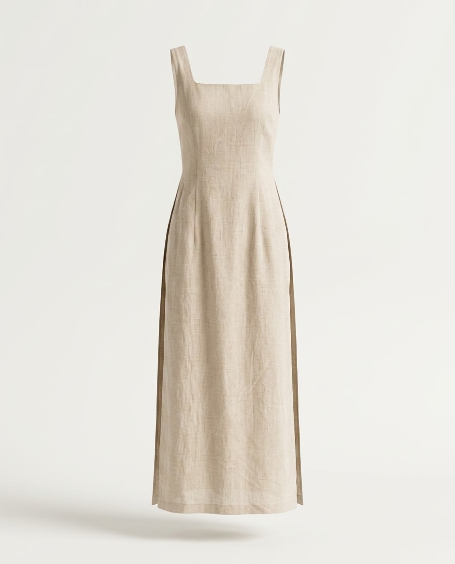 Sleeveless Square-Neck Linen Midi Dress