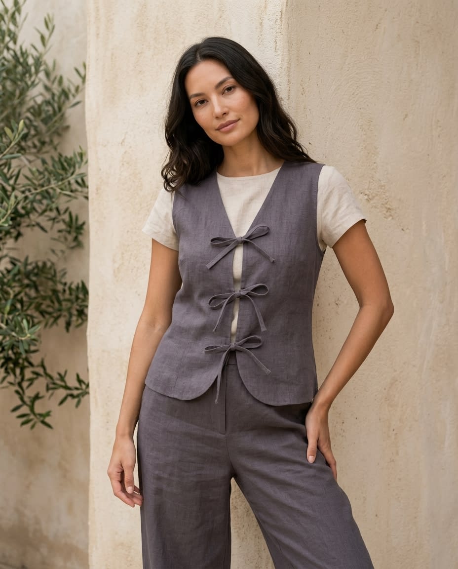 Tie-Front Sleeveless Linen Vest