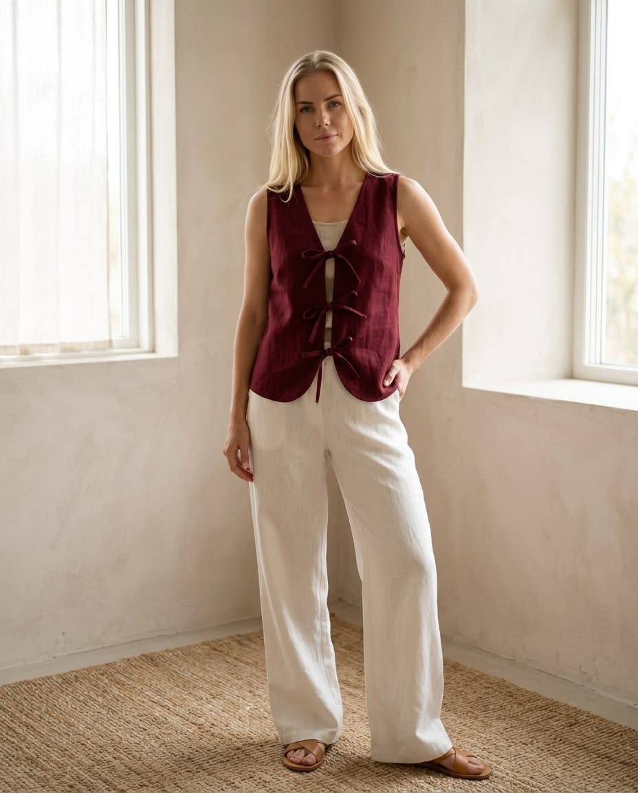 Tie-Front Sleeveless Linen Vest