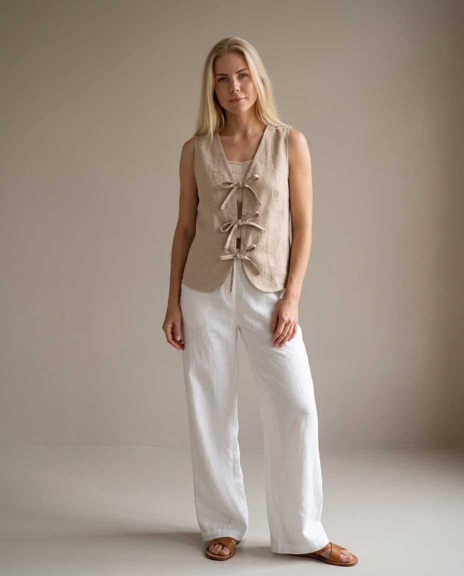 Tie-Front Sleeveless Linen Vest