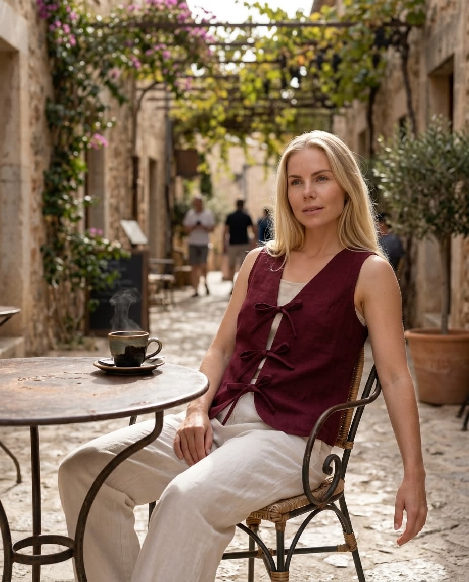 Tie-Front Sleeveless Linen Vest