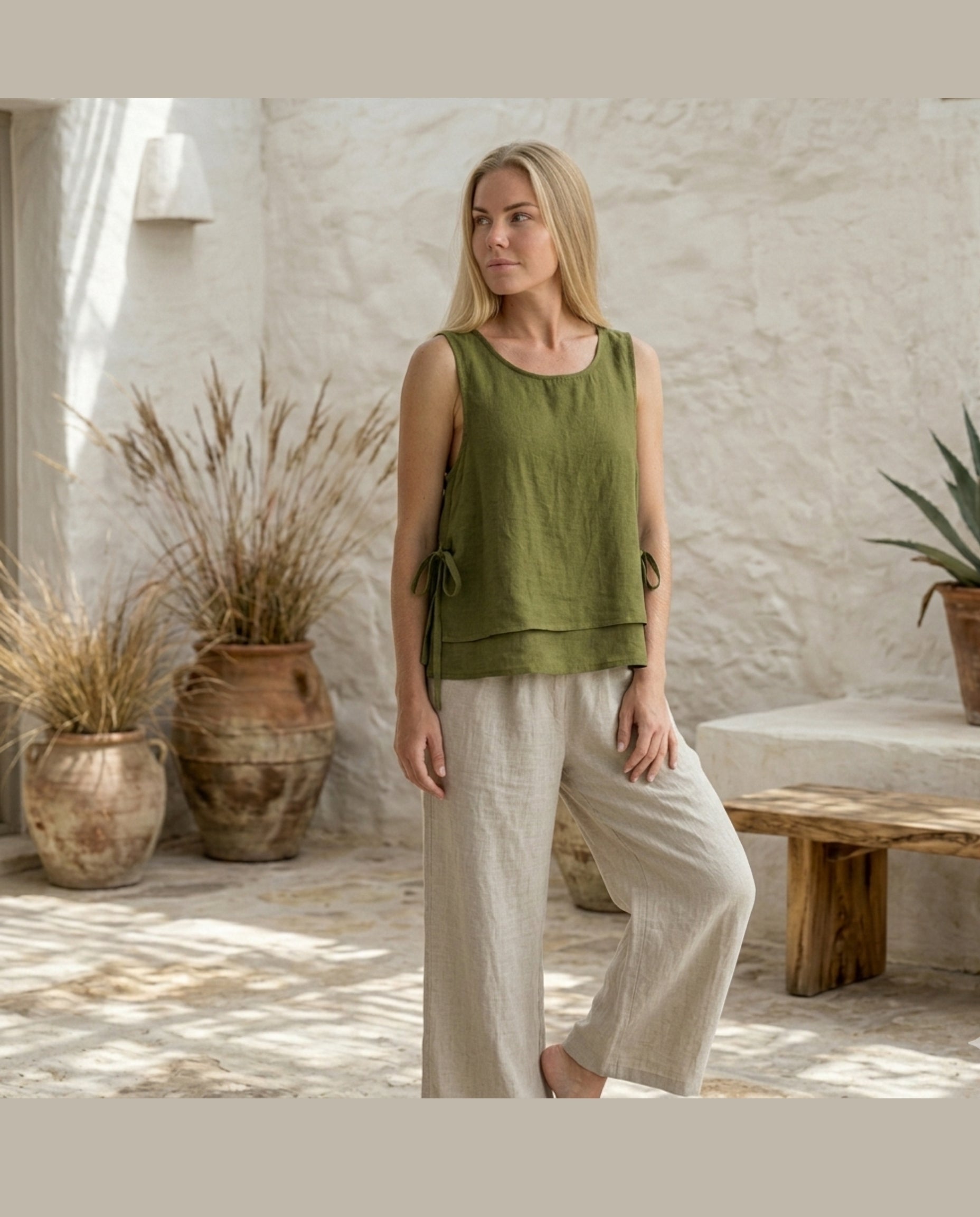 Layered Linen Top with Side Ties