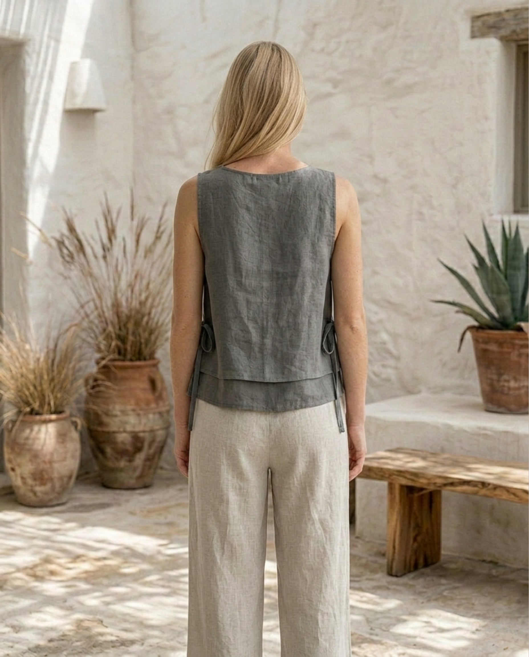 Layered Linen Top with Side Ties
