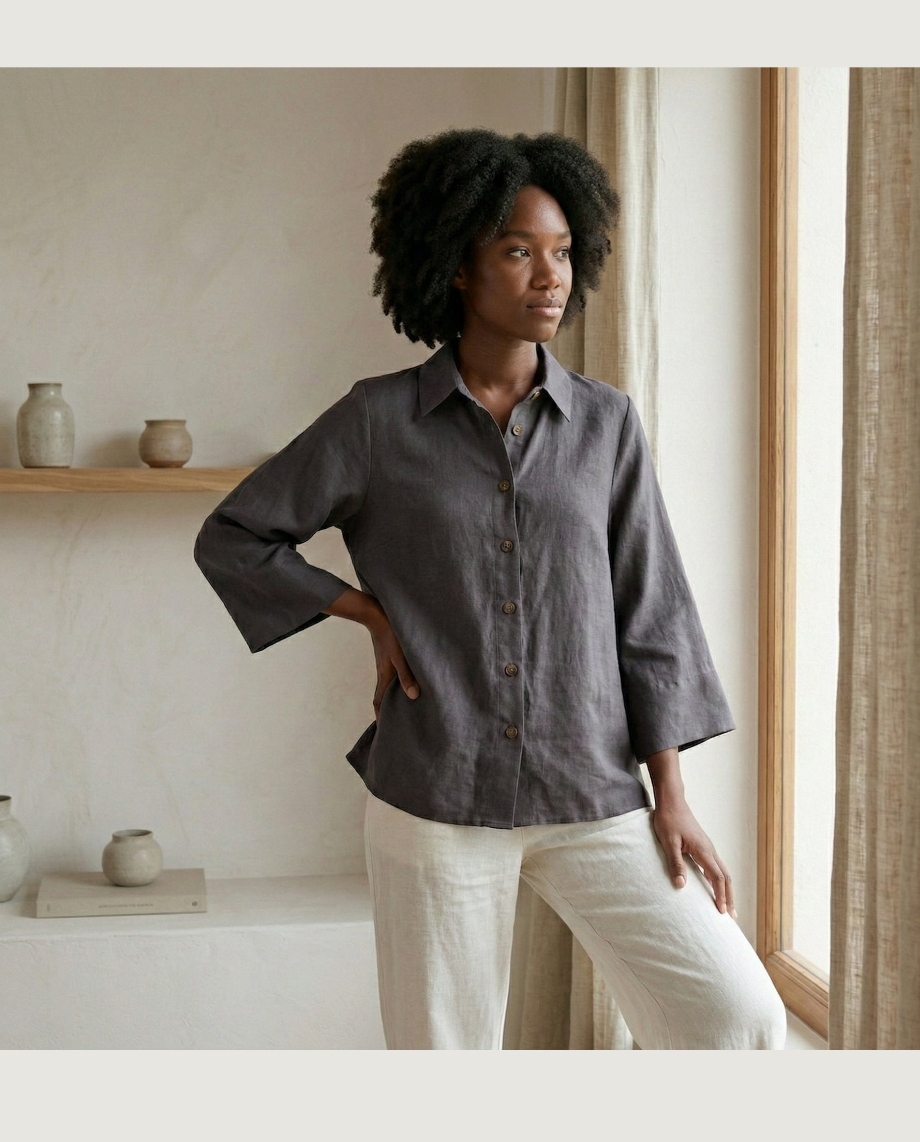 Linen Blouse with Batwing Sleeves