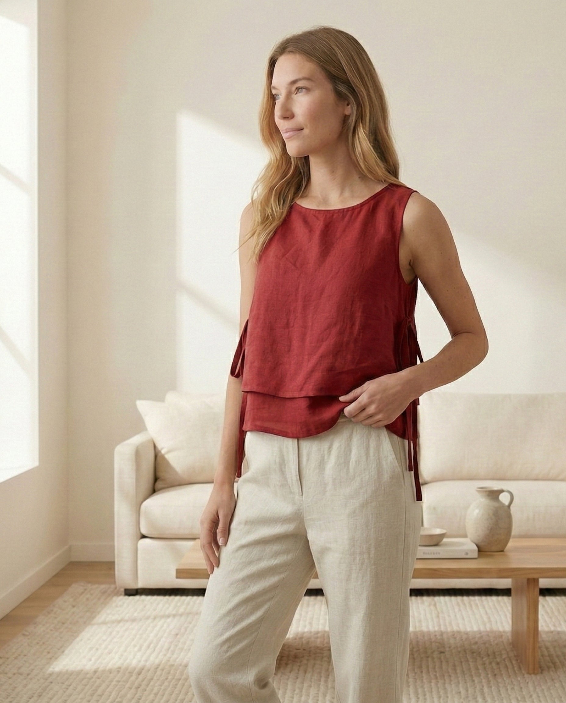 Layered Linen Top with Side Ties